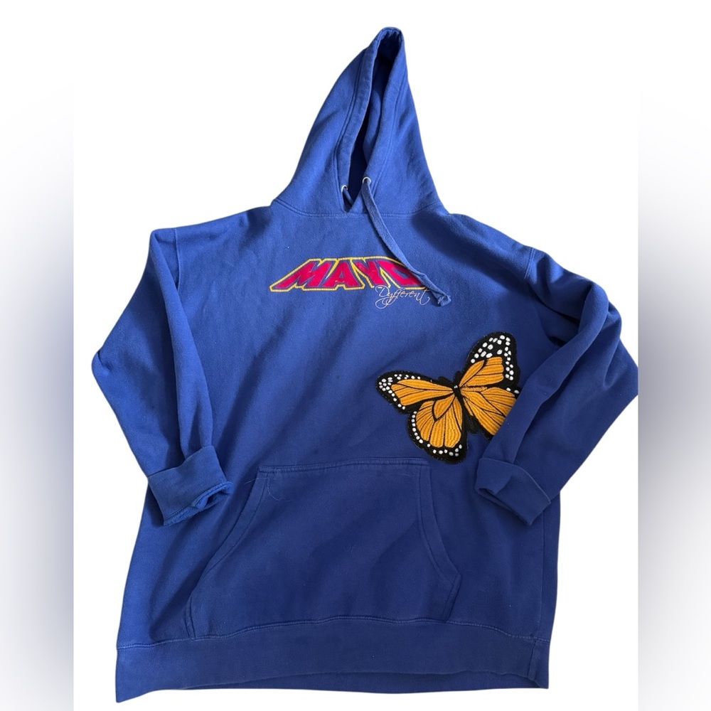 Unisex Y2K MAYD Blue Hoodie Size XL with Embroidered Butterfly Design